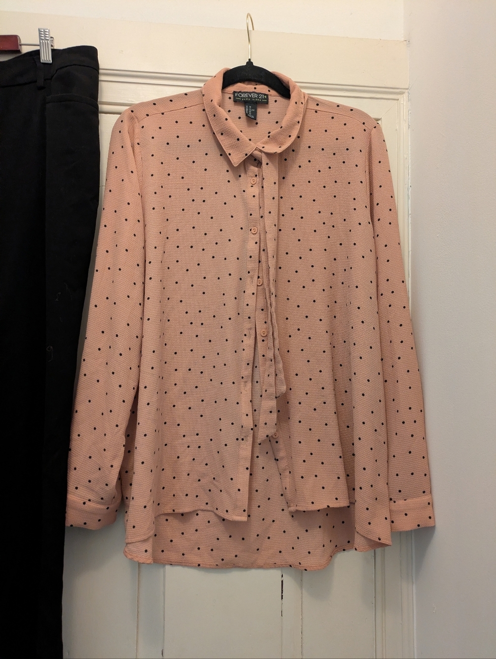 Forever 21 Pink w/ Black Polkadots Blouse w/ Bow- 1 X - Picture 2 of 4